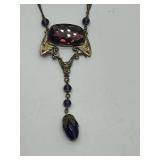 Art Deco Czech Glass Necklace - Purple Red Large Center Stone Pendant, 24 in Length