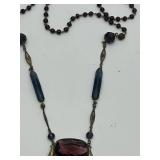Art Deco Czech Glass Necklace - Purple Red Large Center Stone Pendant, 24 in Length