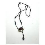 Art Deco Czech Glass Necklace - Purple Red Large Center Stone Pendant, 24 in Length