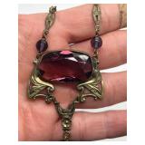Art Deco Czech Glass Necklace - Purple Red Large Center Stone Pendant, 24 in Length