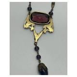 Art Deco Czech Glass Necklace - Purple Red Large Center Stone Pendant, 24 in Length