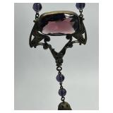 Art Deco Czech Glass Necklace - Purple Red Large Center Stone Pendant, 24 in Length