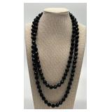 Black Crystal Beaded Necklace - Hand-Tied, 44 in, Double Strand