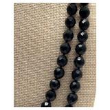 Black Crystal Beaded Necklace - Hand-Tied, 44 in, Double Strand