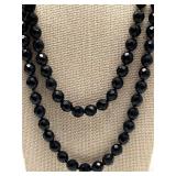 Black Crystal Beaded Necklace - Hand-Tied, 44 in, Double Strand