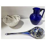 Three-Piece Set: Cobalt Blue Pitcher, Hand Blown Teardrop Ornament & Japanese Bowl (Lot of 3)
