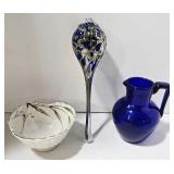 Three-Piece Set: Cobalt Blue Pitcher, Hand Blown Teardrop Ornament & Japanese Bowl (Lot of 3)