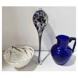 Three-Piece Set: Cobalt Blue Pitcher, Hand Blown Teardrop Ornament & Japanese Bowl (Lot of 3)