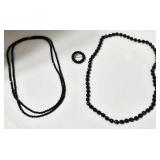 Black Bead Jewelry Set - 2 Necklaces & 1 Brooch