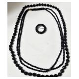 Black Bead Jewelry Set - 2 Necklaces & 1 Brooch