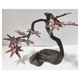 Bronze Metal Tree Sculpture - Red Star Leaves & Twisted Black Trunk Base