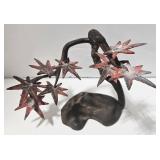 Bronze Metal Tree Sculpture - Red Star Leaves & Twisted Black Trunk Base