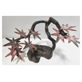 Bronze Metal Tree Sculpture - Red Star Leaves & Twisted Black Trunk Base