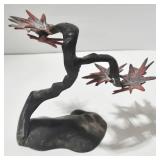 Bronze Metal Tree Sculpture - Red Star Leaves & Twisted Black Trunk Base