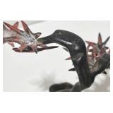 Bronze Metal Tree Sculpture - Red Star Leaves & Twisted Black Trunk Base