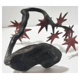 Bronze Metal Tree Sculpture - Red Star Leaves & Twisted Black Trunk Base