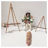 Miniature Wood Art Easels (2) & Polish Souvenir Doll & Hand-Carved Wood Face Collectibles