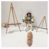 Miniature Wood Art Easels (2) & Polish Souvenir Doll & Hand-Carved Wood Face Collectibles