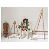 Miniature Wood Art Easels (2) & Polish Souvenir Doll & Hand-Carved Wood Face Collectibles