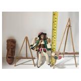 Miniature Wood Art Easels (2) & Polish Souvenir Doll & Hand-Carved Wood Face Collectibles