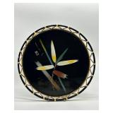 Vintage Lacquered Round Tray - Hand Painted Bamboo Design Signed Wicker Woven Rim