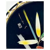Vintage Lacquered Round Tray - Hand Painted Bamboo Design Signed Wicker Woven Rim