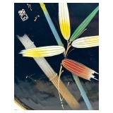 Vintage Lacquered Round Tray - Hand Painted Bamboo Design Signed Wicker Woven Rim