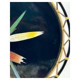 Vintage Lacquered Round Tray - Hand Painted Bamboo Design Signed Wicker Woven Rim