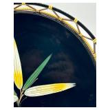Vintage Lacquered Round Tray - Hand Painted Bamboo Design Signed Wicker Woven Rim