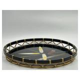 Vintage Lacquered Round Tray - Hand Painted Bamboo Design Signed Wicker Woven Rim
