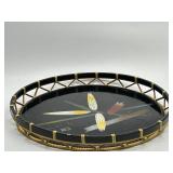 Vintage Lacquered Round Tray - Hand Painted Bamboo Design Signed Wicker Woven Rim