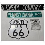 3 Metal Signs - Route US 66 Shield, Pennsylvania 7600 Street & Chevy Country