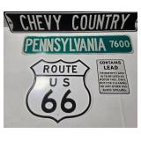 3 Metal Signs - Route US 66 Shield, Pennsylvania 7600 Street & Chevy Country