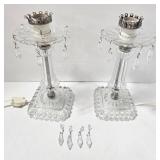 Vintage Pair of Glass Lamps with Hanging Crystals