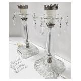 Vintage Pair of Glass Lamps with Hanging Crystals