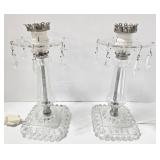 Vintage Pair of Glass Lamps with Hanging Crystals