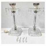 Vintage Pair of Glass Lamps with Hanging Crystals