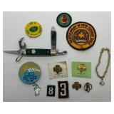 Vintage Lot of Girl Scout Memorabilia Including Kutmaster Utica NY USA Folding Knife, Girl Scout Pins & Patches