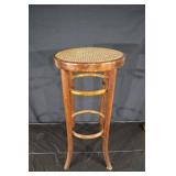 Vintage Wooden Plant Stand - Woven Cane Seat, Curved Legs & Brass Foot Rings