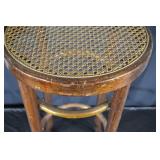 Vintage Wooden Plant Stand - Woven Cane Seat, Curved Legs & Brass Foot Rings