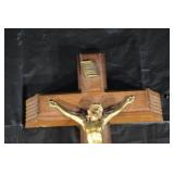 Crucifix With Gold-Tone Jesus On Wooden Cross, INRI Plaque, Rosary Chain Included
