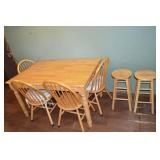 Natural Wood Dining Table with 4 Windsor Chairs & 2 Stools