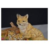 Fox Family Figurine - Hand-Painted Resin Sculpture with Cubs on Green Base