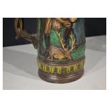 German Ceramic Beer Stein with Hand-Painted Relief Scene and Deer Motif