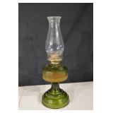 Antique Green Glass Oil Lamp with Clear Chimney & Brass Burner