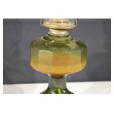 Antique Green Glass Oil Lamp with Clear Chimney & Brass Burner