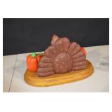 Turkey Figurine with Pumpkins on Wood Base - Thanksgiving Decor