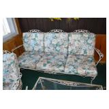Wrought Iron Patio Furniture Set - 3-Piece Floral Cushioned Sofa, Chair & Glass Coffee Table
