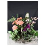 Artificial Floral Basket Arrangement - Peach Dahlias with Purple Accents