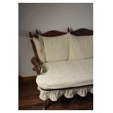 Antique Carved-Wood Settee Sofa - Beige Striped Upholstery, Skirted Base